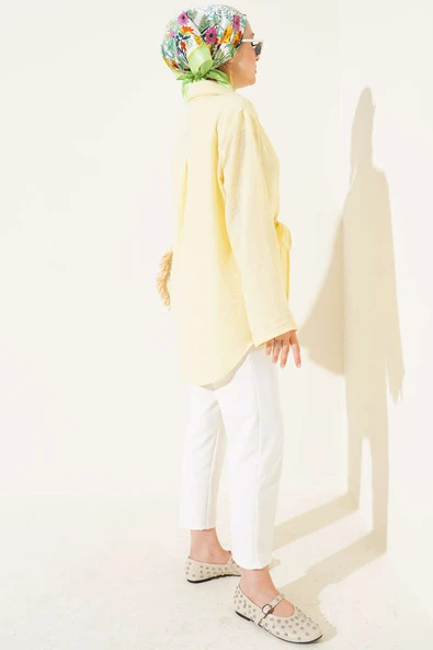 Önü Bağlama Detaylı Keten Kimono Sarı - Resim 3