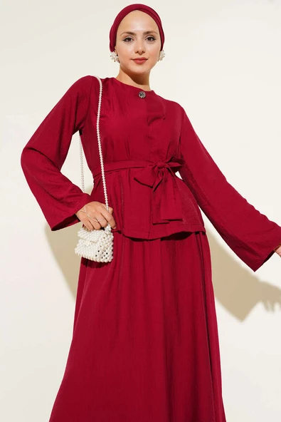 Belden Bağlamalı Etekli İkili Takım Bordo - Resim 2