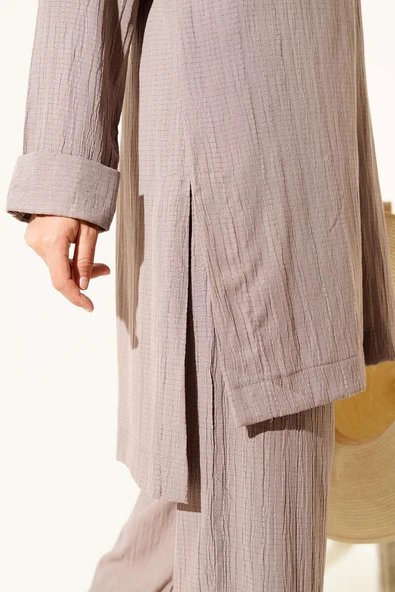 Krinkıl Yarım Fermuarlı İkili Takım Vizon - Resim 4