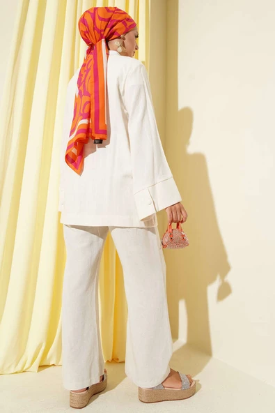 V Yaka Salaş Keten Gömlek Bej - Resim 3