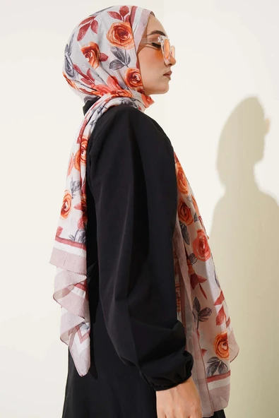 Floral Desenli Bambu Kraş Şal Latte - Resim 3