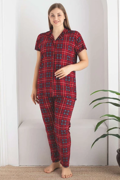 Çizgili Kare Desen Kısa Kol Büyük Beden Pijama Takım Kırmızı ürün görseli 1