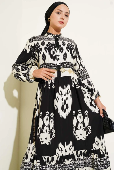 Desenli Yarım Düğme Detaylı Elbise Siyah - Resim 2