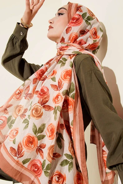 Floral Desenli Bambu Kraş Şal Taba - Resim 2