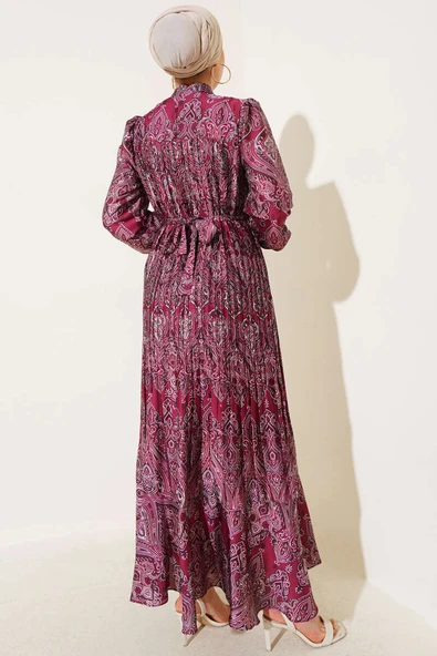 Karışık Desenli Kuşaklı  Elbise Bordo - Resim 3