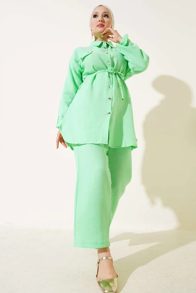 Metal Düğmeli Müslin İkili Takım Yeşil ürün görseli 1
