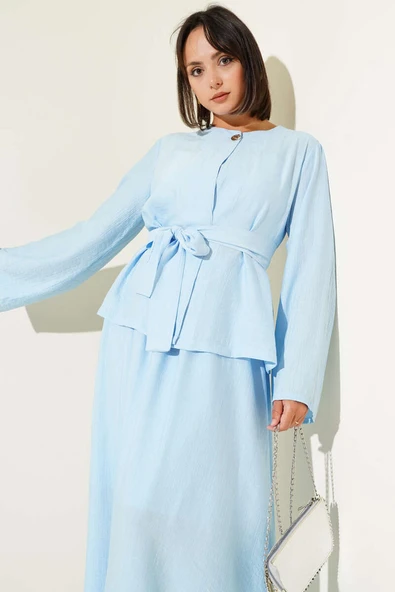 Belden Bağlamalı Etekli İkili Takım Mavi - Resim 2