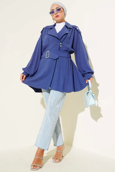 Çapraz Fermuarlı Kemerli Ceket Indıgo - Resim 2