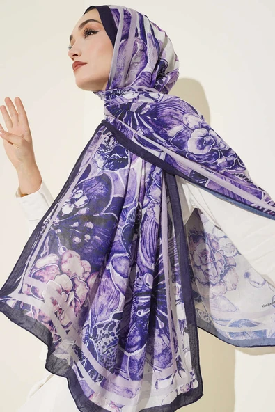 Şerit Geçişli Otantik Desenli Şal Lacivert - Resim 2