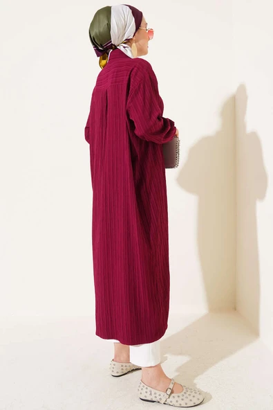 Ağaç Kabuğu Uzun Gömlek Mürdüm - Resim 3