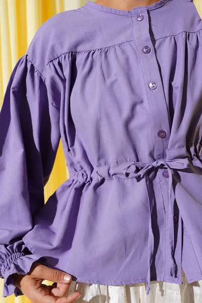 Bel Tünelli Pileli Kısa Gömlek Lila - Resim 4