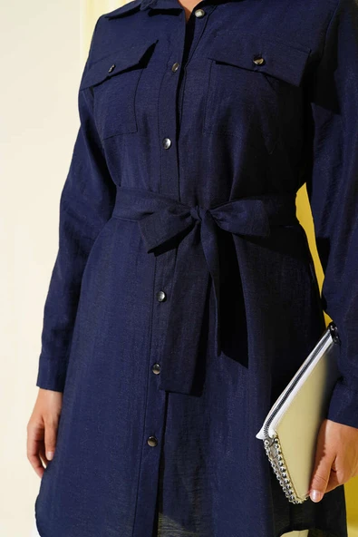 Çift Cepli Belden Bağlamalı Tunik Lacivert - Resim 4