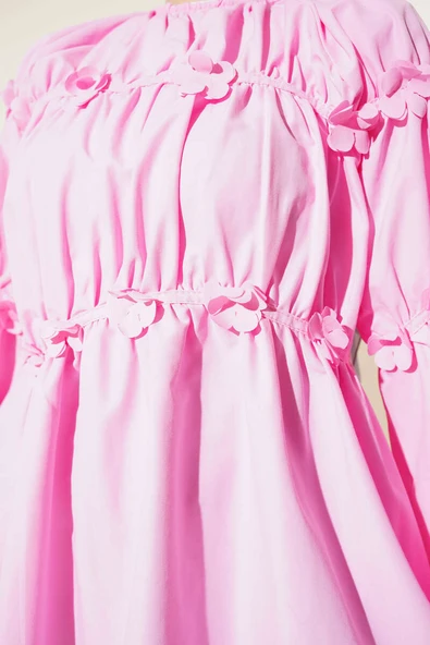 Çiçek Detaylı Kol Lastikli Tunik Pembe - Resim 4