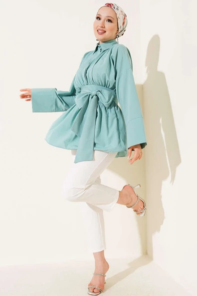Kendinden Kuşaklı Önü Büzgülü Tunik Mint - Resim 2