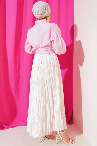 V Yaka Bağlamalı Kısa Gömlek Pembe - Resim 3