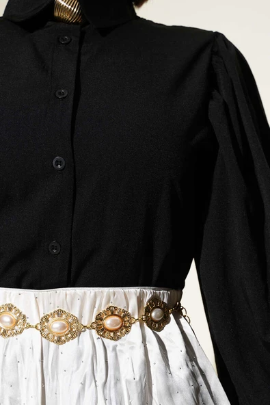 Omuz Pileli Balon Kol Kısa Gömlek Siyah - Resim 4