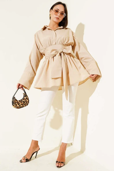 Kendinden Kuşaklı Önü Büzgülü Tunik Latte - Resim 2