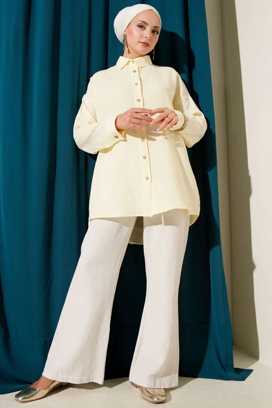 Bilek Düğmeli Basic Gömlek Sarı - Resim 2