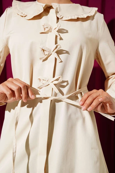 Yaka Fırfırlı Fiyonklu Tunik Bej - Resim 4