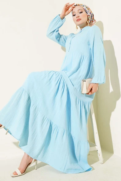 Yarım Düğmeli Hakim Yaka Müslin Elbise Mavi ürün görseli 1