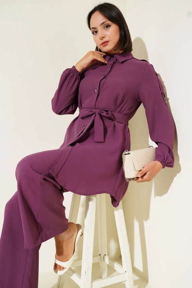 Belden Bağlamalı Omuz Düğmeli İkili Takım Magenta ürün görseli 1