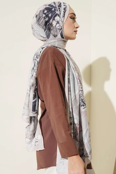 Şerit Geçişli Otantik Desenli Şal Bej - Resim 3