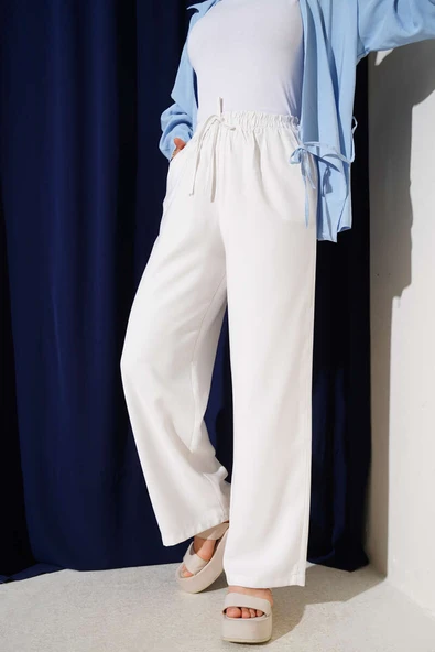Bel Lastikli Tencel Pantolon Beyaz - Resim 2