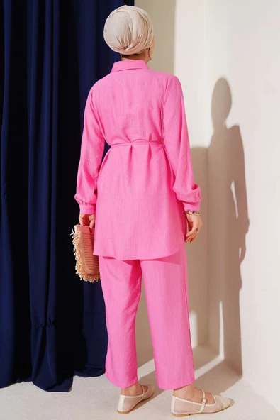 Gömlek Yaka Bel İp Kuşaklı İkili Takım Pembe - Resim 3
