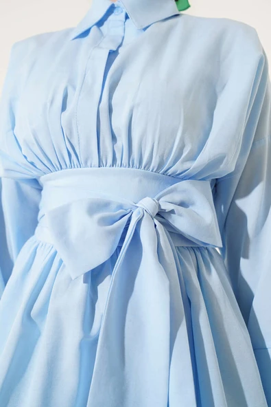 Kendinden Kuşaklı Önü Büzgülü Tunik Mavi - Resim 4