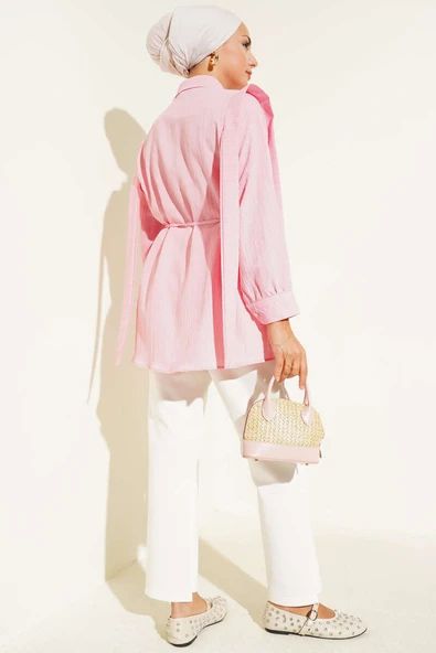 Taş Düğmeli Omuz Pileli Gömlek Pembe - Resim 3