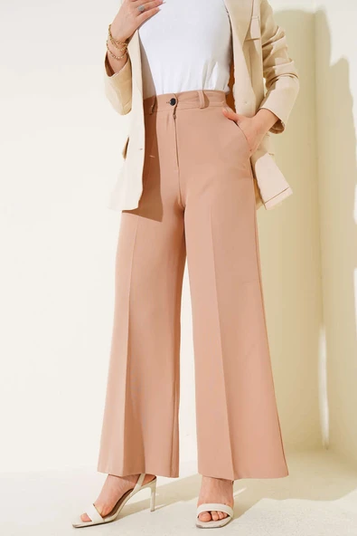 Bel Lastikli Palazzo Kumaş Pantolon Latte - Resim 2