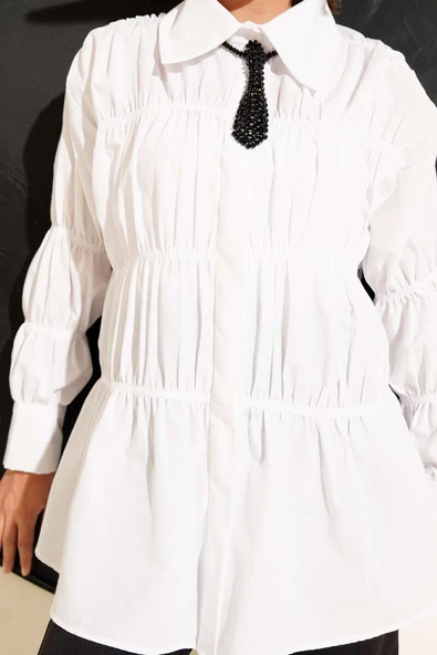 Yaka Büzgülü Gizli Düğmeli Gömlek Beyaz - Resim 4