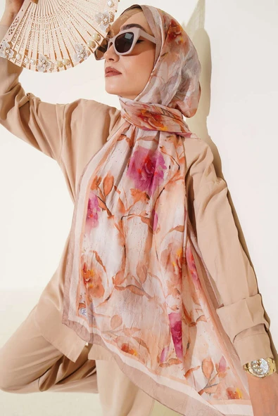 Flower Desen Bambu Kraş Şal Kum Bej - Resim 2