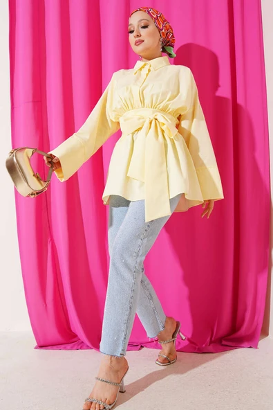 Kendinden Kuşaklı Önü Büzgülü Tunik Sarı - Resim 2