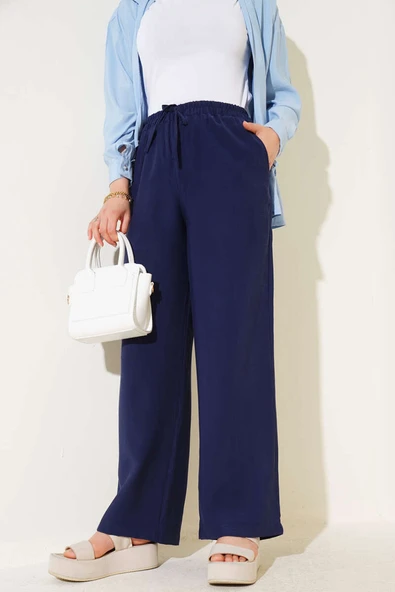 Bel Lastikli Tencel Pantolon Lacivert - Resim 2