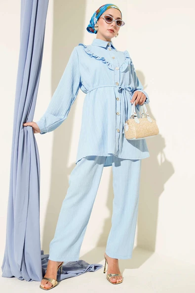 Gold Düğmeli V Fırfırlı İkili Takım Bebe Mavi - Resim 2