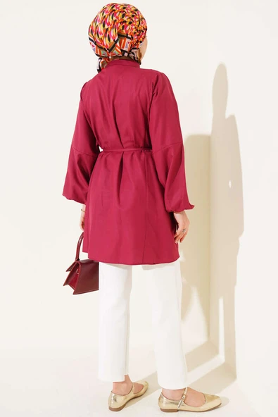 Taşlı Brit Düğmeli Terikoton Gömlek Bordo - Resim 3