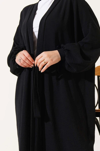 Bilek Bağlamalı Uzun Kimono Siyah - 4