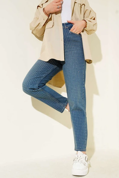 Mini Taşlı Kot Pantolon Tintli - Resim 2