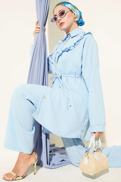 Gold Düğmeli V Fırfırlı İkili Takım Bebe Mavi ürün görseli 1