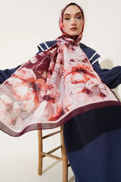 Ebruli Çiçek Şerit Geçişli Şal Koyu Kahve ürün görseli 1