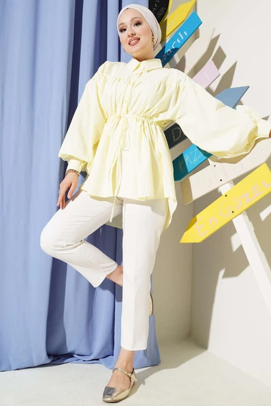 Bel Tünelli Büzgü Detaylı Gömlek Sarı - Resim 2
