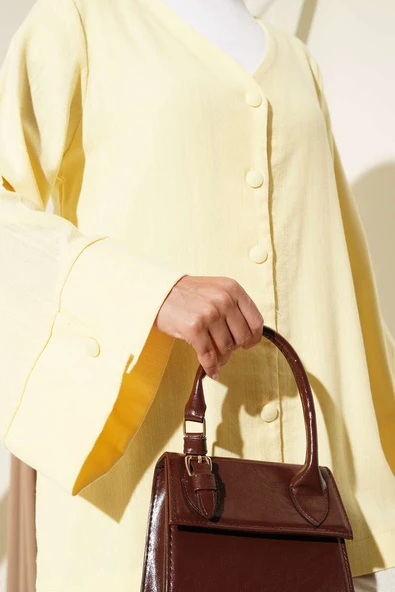 V Yaka Salaş Keten Gömlek Sarı - Resim 4