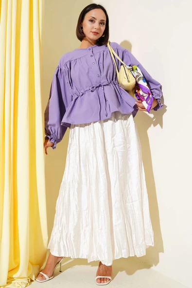 Bel Tünelli Pileli Kısa Gömlek Lila - Resim 2