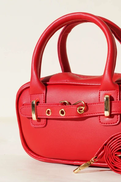 Kanca Kemer Detaylı Mini Çanta Kırmızı - Resim 3