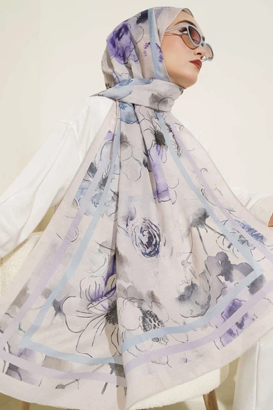 Çiçekli Şerit Geçiş Detaylı Şal Bej - Resim 2