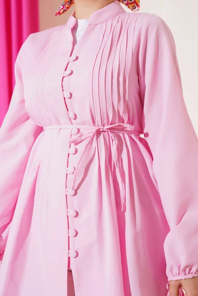 Brit Düğmeli Nervürlü Tunik Pembe - Resim 4