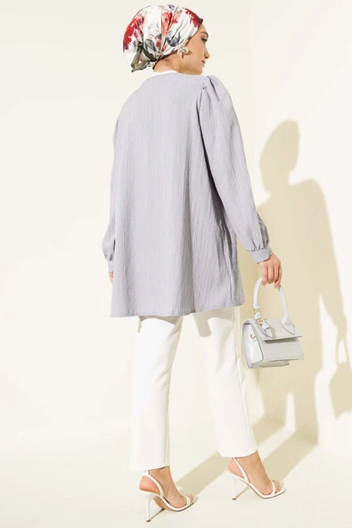 Brit Düğmeli Krinkıl Gömlek Gri - Resim 3