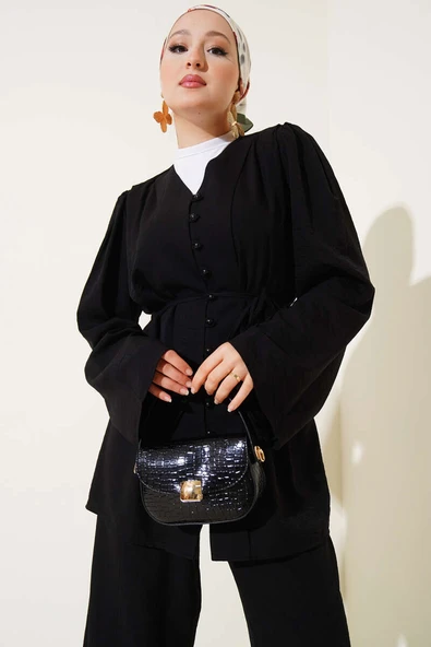 İp Kuşaklı Brit Düğmeli İkili Takım Siyah - Resim 2