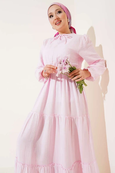 Beli Lastikli Kat Elbise Pembe - Resim 2